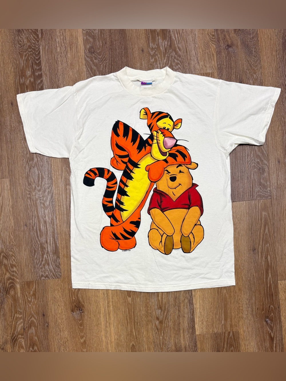 Vintage White Short Sleeve Tee with Orange & Yellow Tigger and Pooh Graphic